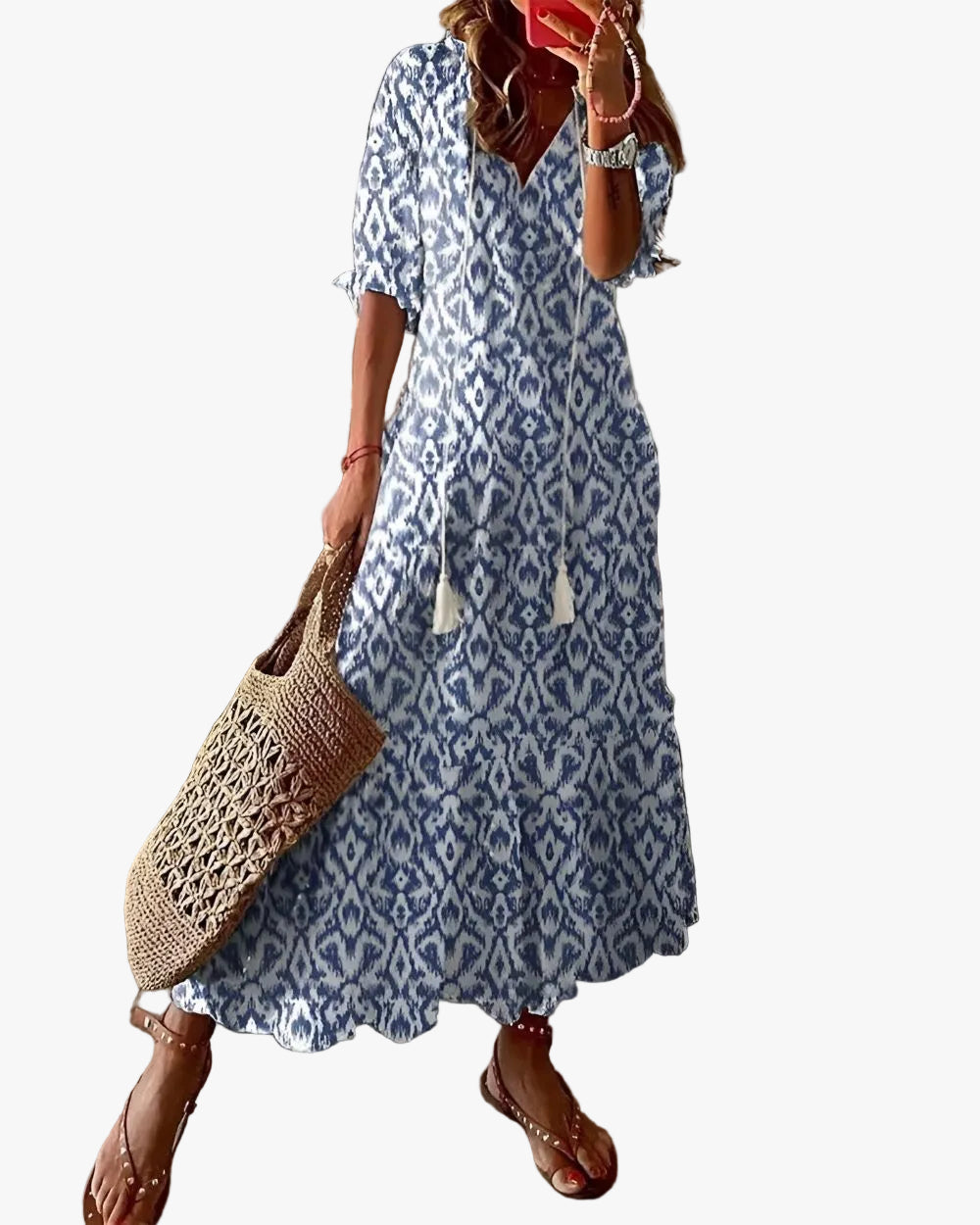 Women's Boho Woven Maxi Dress with Tassel Tie and Ruffle Hem