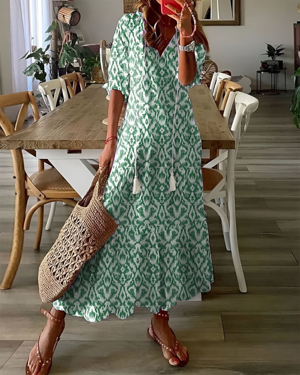 Women's Boho Woven Maxi Dress with Tassel Tie and Ruffle Hem