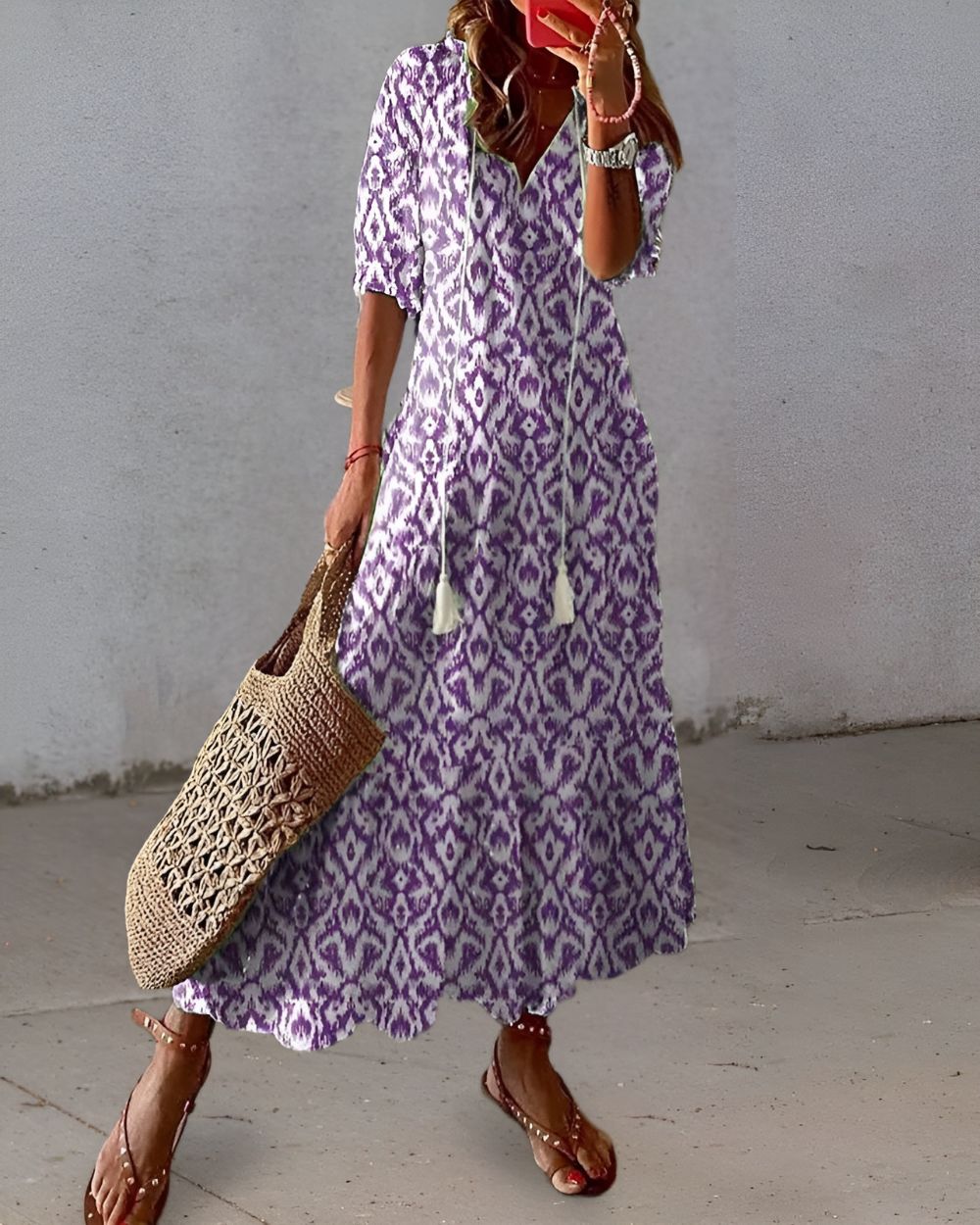 Women's Boho Woven Maxi Dress with Tassel Tie and Ruffle Hem