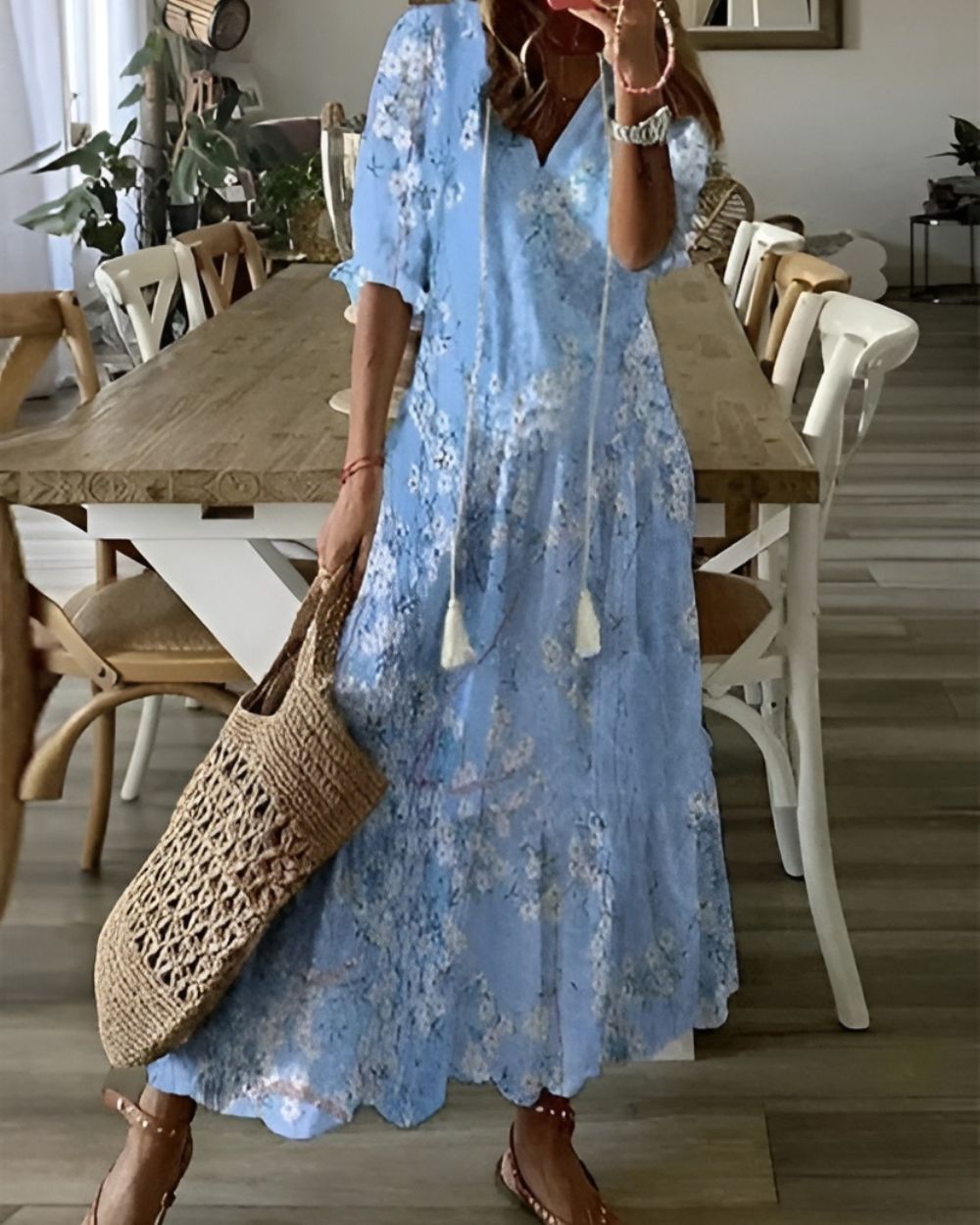 Women's Boho Woven Maxi Dress with Tassel Tie and Ruffle Hem