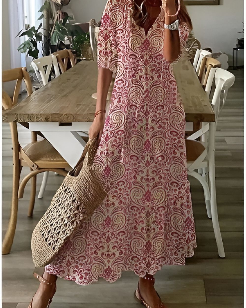 Women's Boho Woven Maxi Dress with Tassel Tie and Ruffle Hem