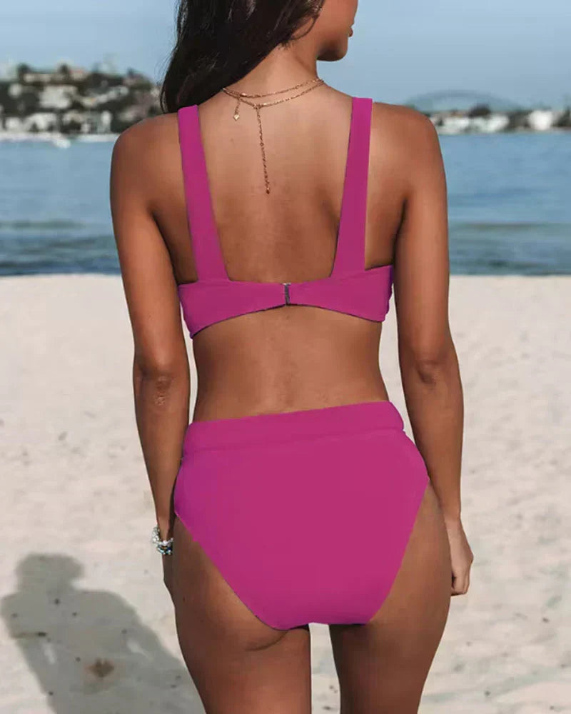 Women's Two-Piece Bikini Set with V Neck and High Waist